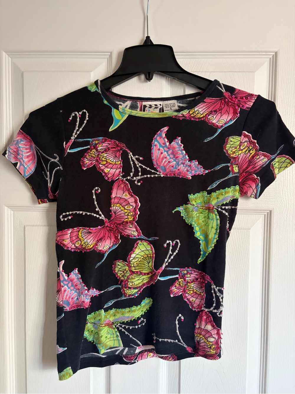 VTG Take Two Clothing Co Butterfly Baby Tee Y2K Embellished Sequined Top S
